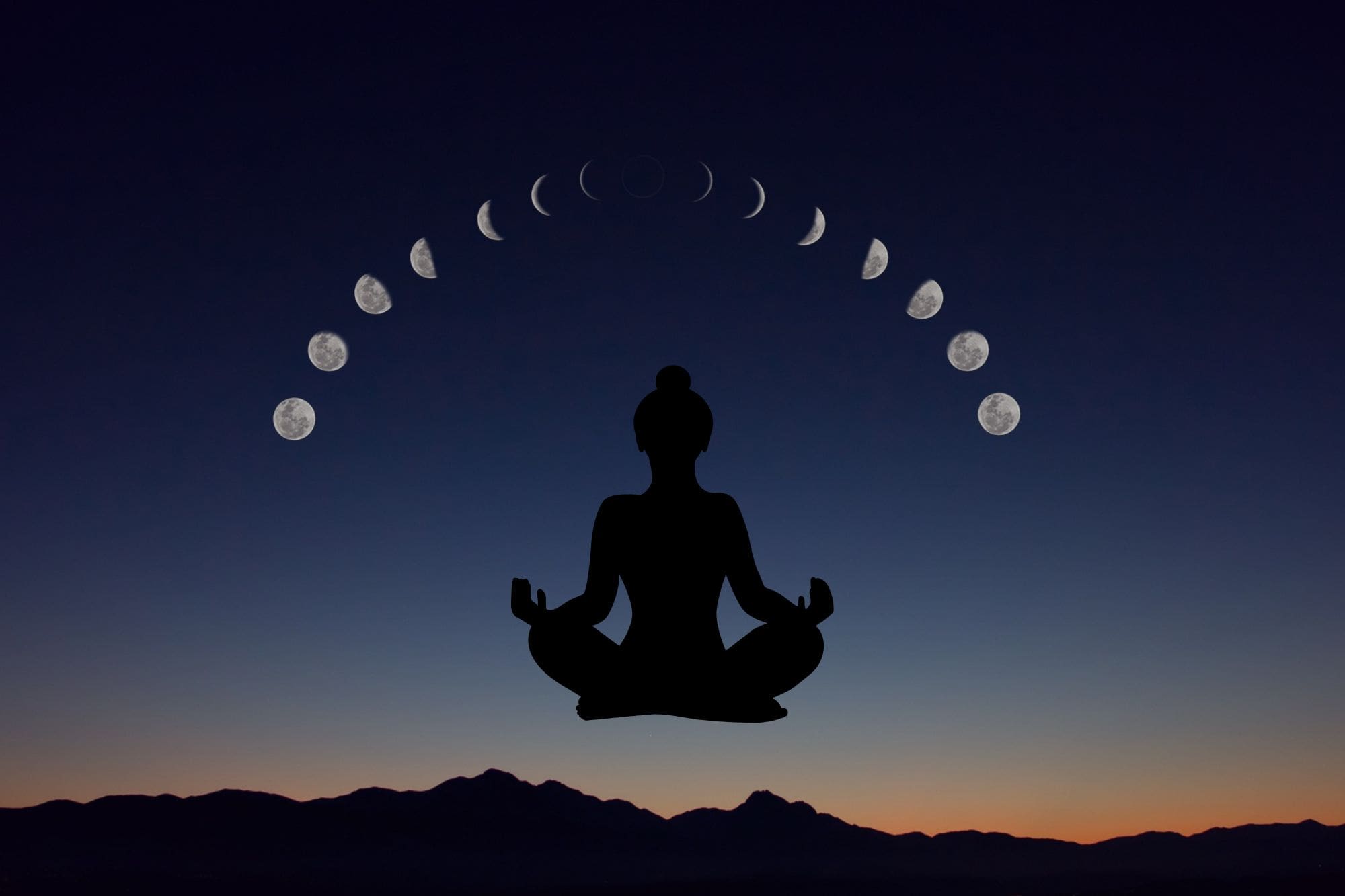 Phases of the Moon in the night sky with a graphic of a person in meditation pose underneath